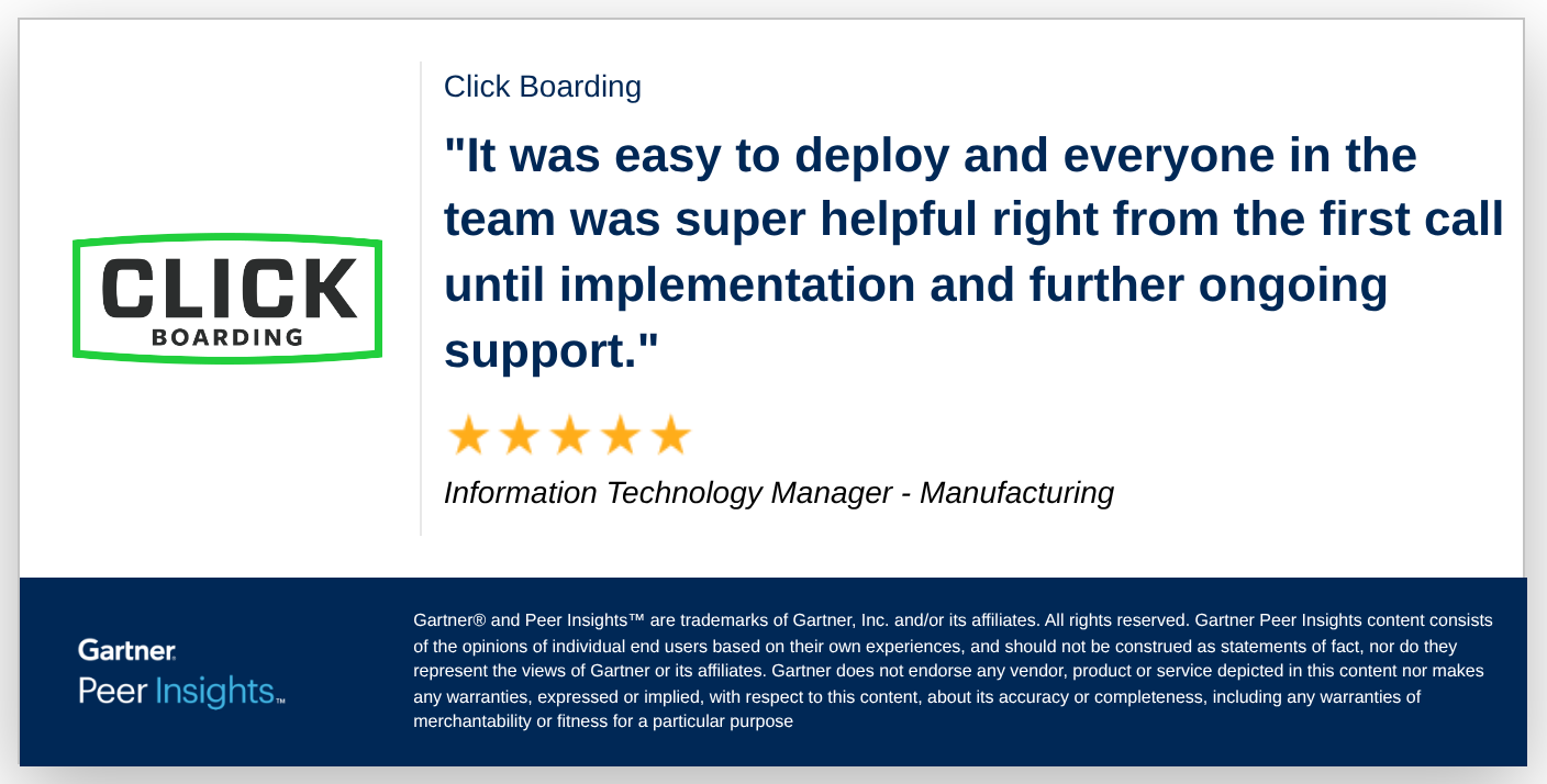 A verified Gartner review of Click Boarding with a 5-star rating