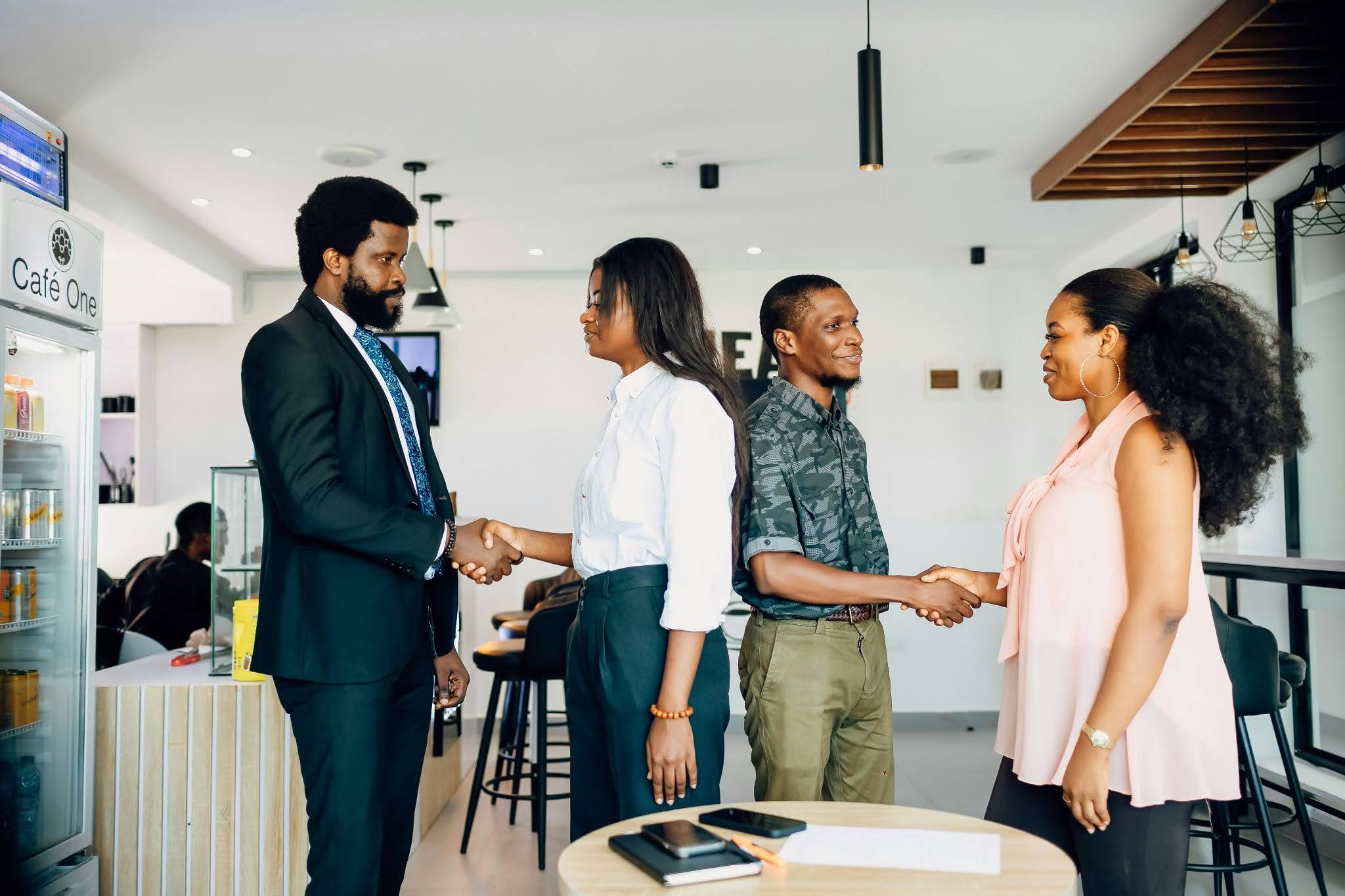 Candidates shaking hands after an interview