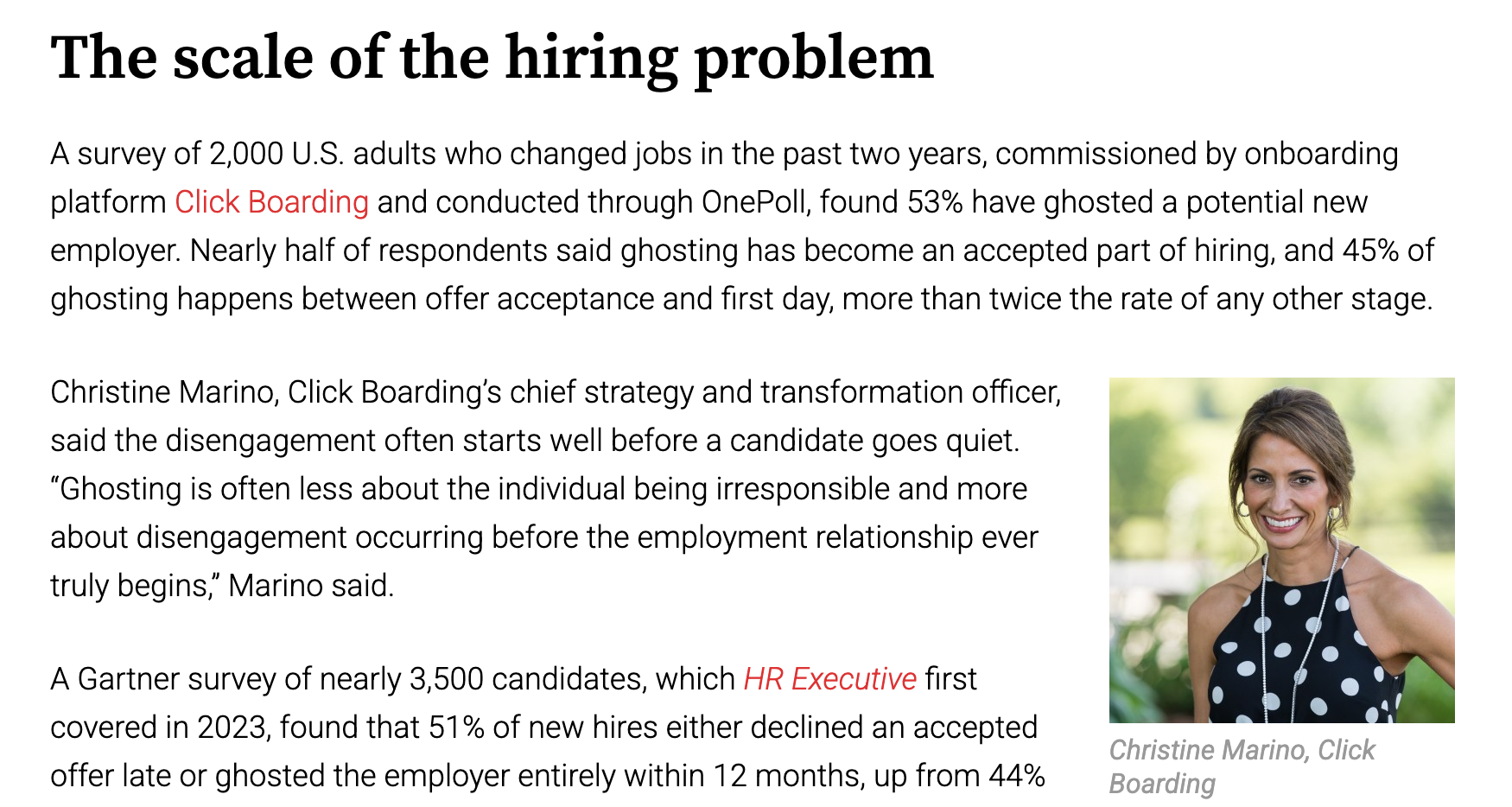 Screenshot from an HR Executive article quoting Christine Marino