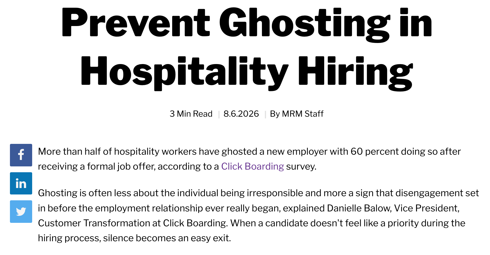 Screenshot from article in Modern Restaurant Management quoting Danielle Balow