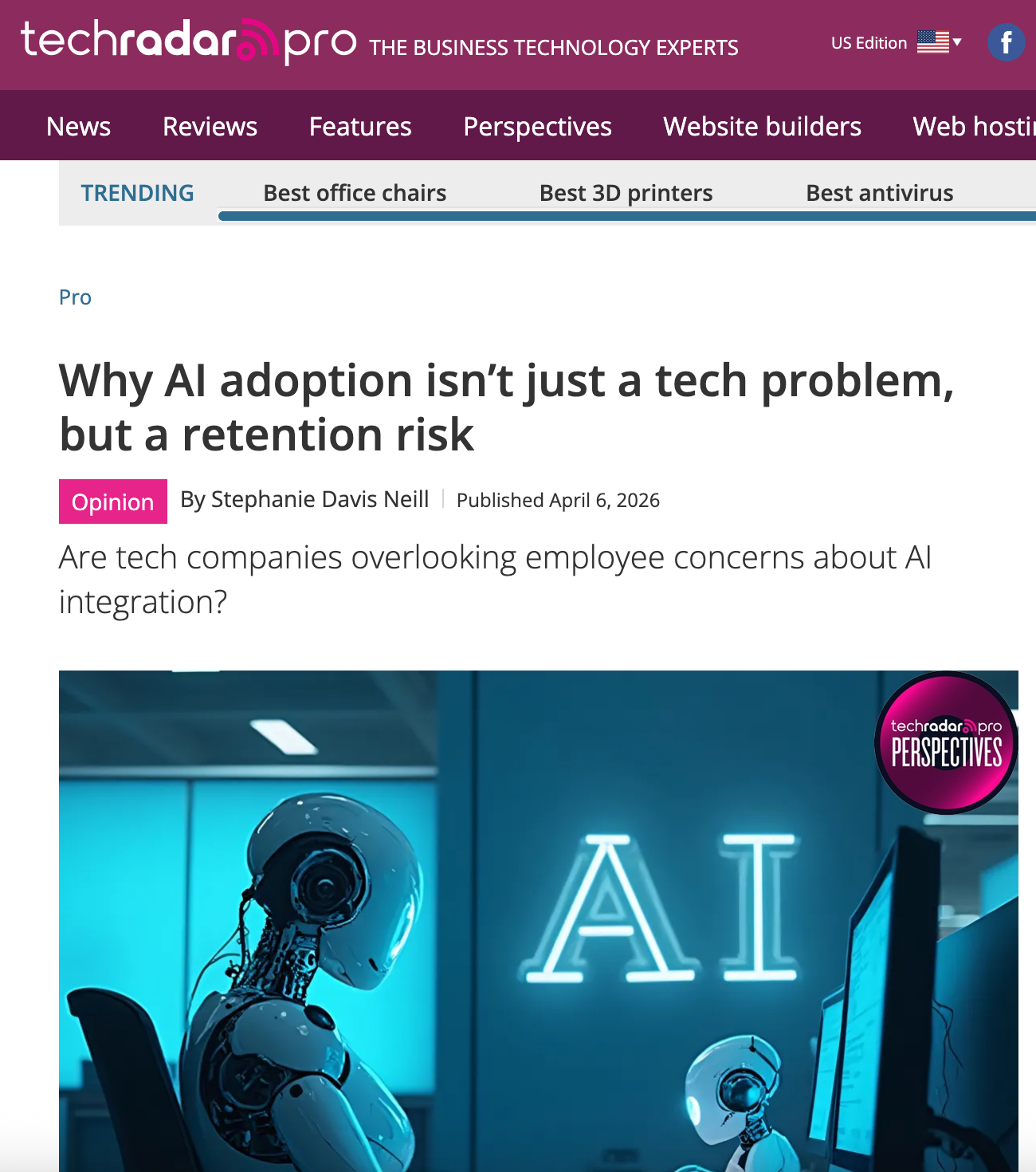 Screenshot of a TechRadar article featuring Stephanie Davis Neill's insights
