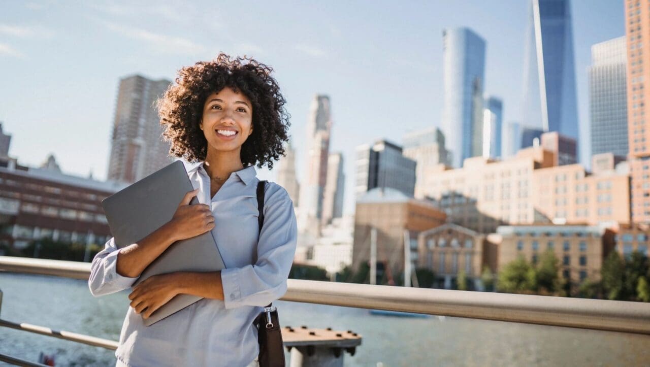A smiling woman in a light blue shirt holds a laptop in front of a city skyline, including a river, office buildings and skyscrapers.